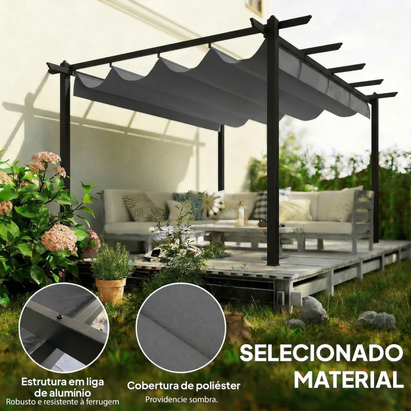 Outsunny Pérgola de Jardim 4x3 m com Telhado Retrátil Estrutura de Alumínio UPF30+ Orifícios de Drenagem Cinza