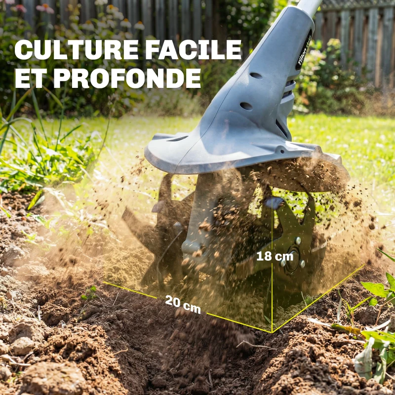 Outsunny Motobineuse sans Fil Motoculteur Électrique 18V 355W avec 2 Batteries 4,0Ah Léger et Anti-mal de Dos, Largeur 20cm Gris