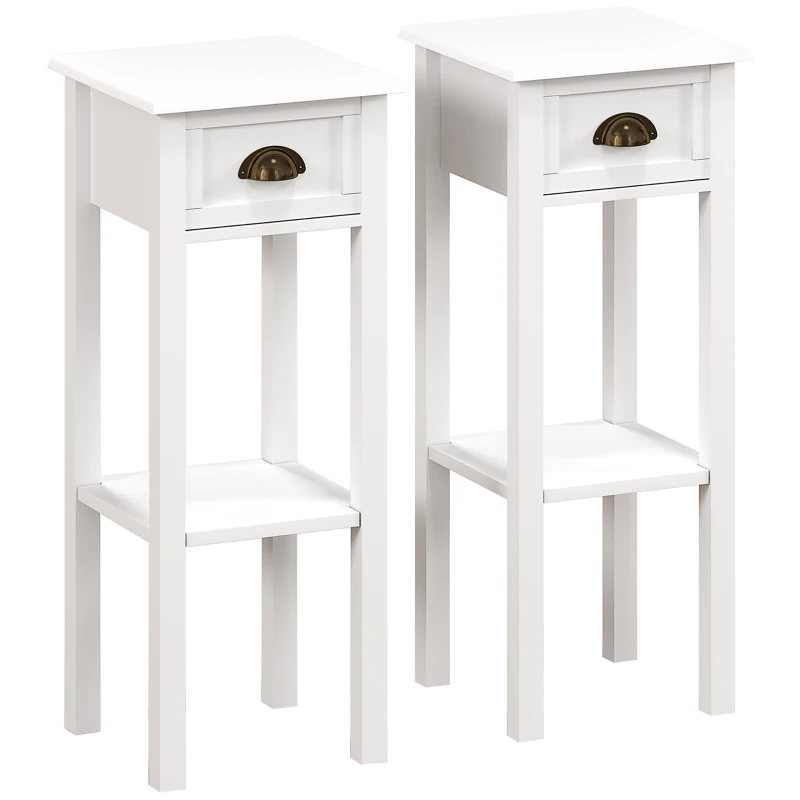HOMCOM Lot de 2 tables d'appoint Table de Chevet style sophistiqué avec tiroir, étagère inférieure, 30 x 30 x 75 cm, blanc