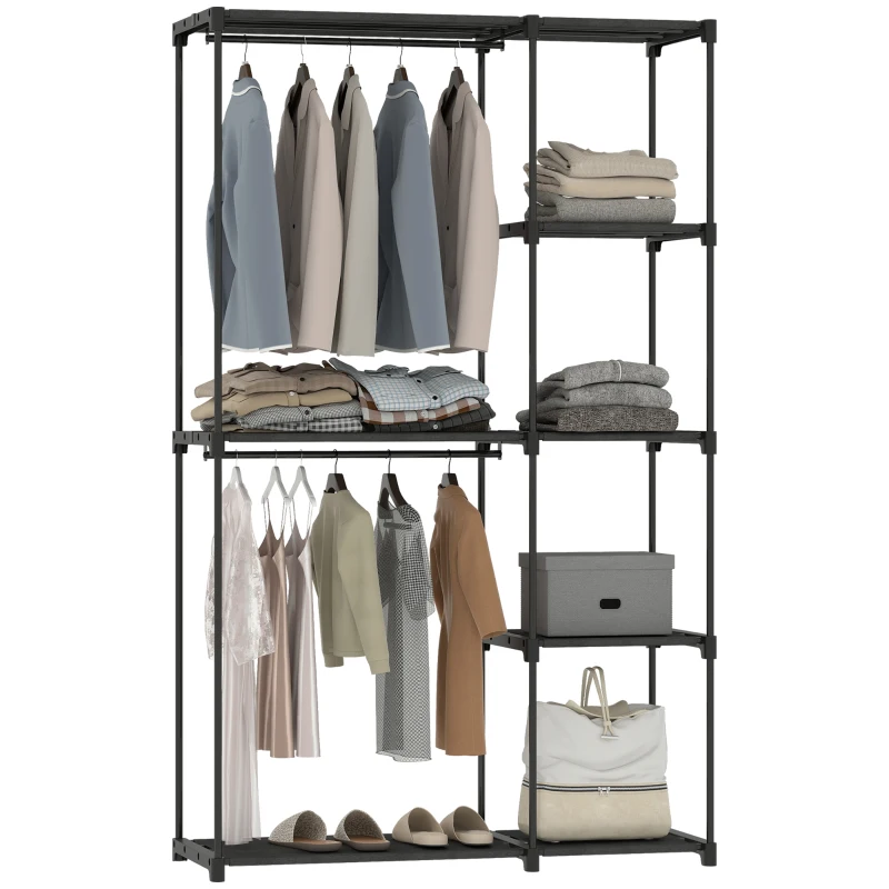 HOMCOM Armoire de rangement, penderie portable avec 2 barres de suspension et 6 étagères, 111 x 43 x 185 cm, noir