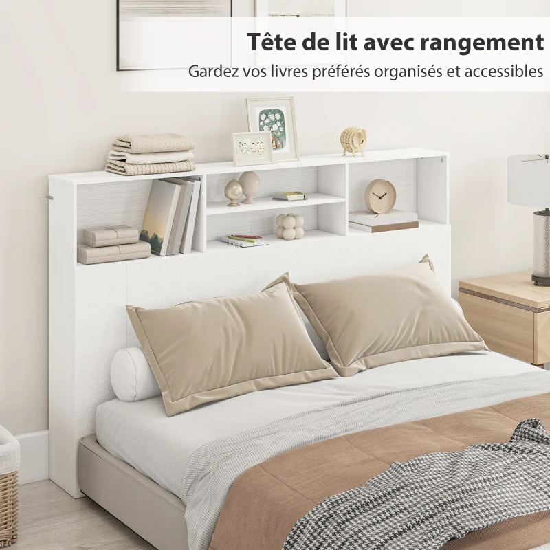 HOMCOM Tête de lit sur pied avec rangements, accessoire de lit 4 compartiments ouverts, 160 x 20,2 x 108,2 cm, blanc