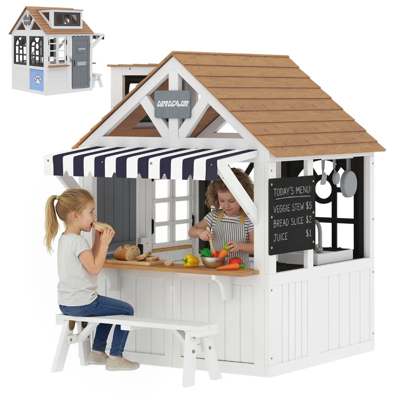 AIYAPLAY Außenspielhaus aus Holz, Kinderhaus für Außen mit Katzenklappe, Küchenutensilien, Bank und Klingel, weiß