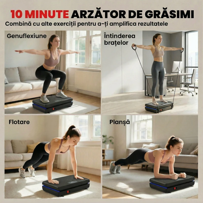 SPORTNOW Platformă Vibrantă cu 120 Niveluri de Viteză, 5 Programe și Lumină LED, Silențioasă, pentru Exerciții Acasă cu Benzi de Rezistență pentru Arderea Grăsimilor și Drenaj Limfatic