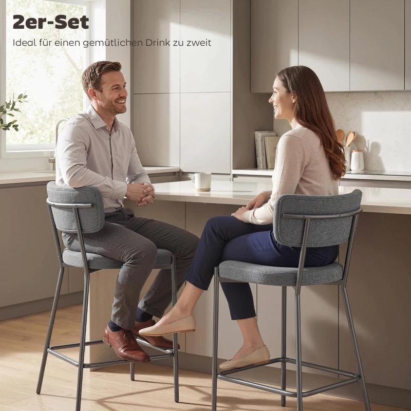 HOMCOM Barhocker im 2er-Set, Polster-Barstühle mit geschwungener Rückenlehne, für Kücheninsel, Frühstücksbereich, Grau