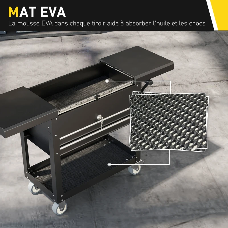 HOMCOM Chariot d'atelier, servante d'atelier sur roulettes avec plateau coulissant, tiroirs verrouillables, 130x38x80cm, noir