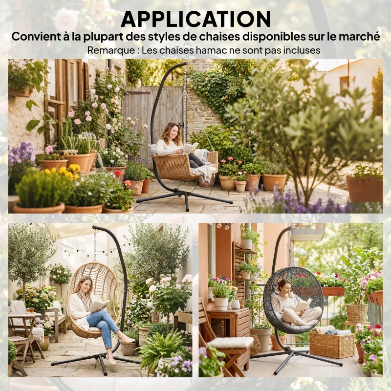 Outsunny Support de Fauteuil Suspendu, Support Chaise Suspendue, Cadre en C, Charge Max. 150 kg, 128 x 105 x 205 cm, Noir