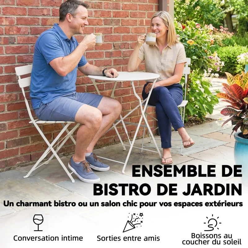 Outsunny Ensemble Bistrot de Jardin 3 Pièces Table et 2 Chaises Pliantes à Lattes Double Protection Antirouille Crème
