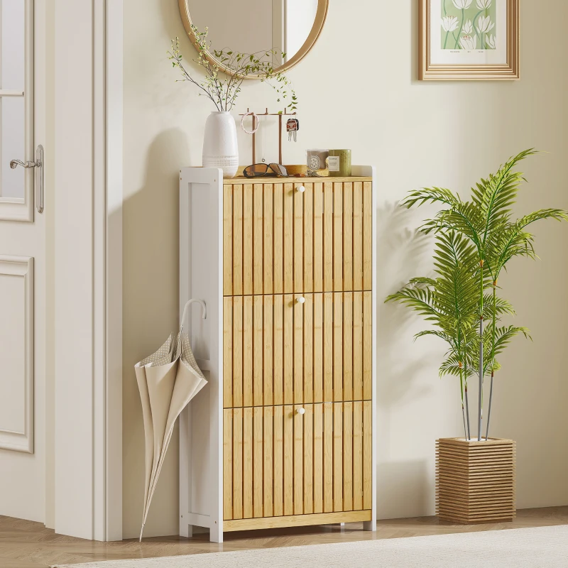 HOMCOM Meuble à chaussures 18 paires avec 3 tiroirs rabattables, portes en bambou à lattes, 60x24x118cm, blanc et bois naturel