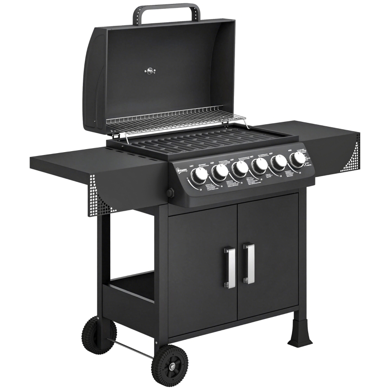 Outsunny Barbecue a Gás com 6 Queimadores 15 kW Termómetro Armário Grelha de Aquecimento Bandeja de Recolha de Gordura 2 Rodas 135x51x101 cm Preto