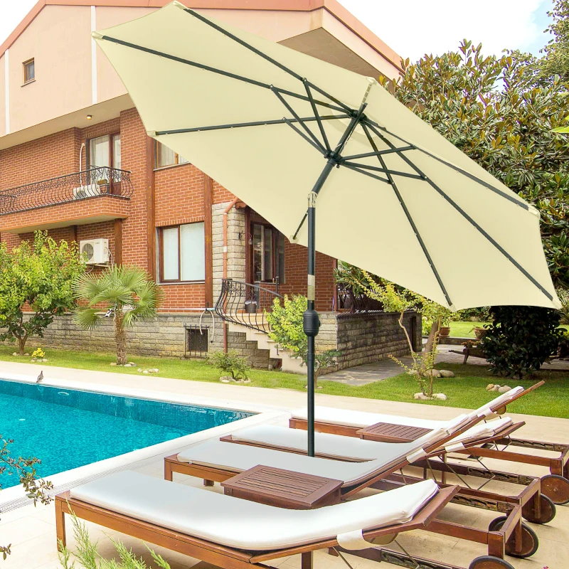 Outsunny Parasol de Jardin Extérieur Rond Ø 265 cm, Lumières LED Solaires, Manivelle Inclinable, Mât en Acier, 8 Baleines, Beige