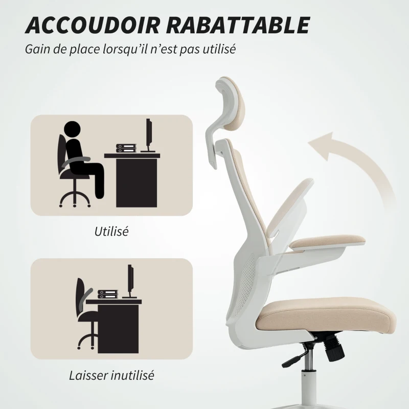 HOMCOM Chaise bureau ergonomique, fauteuil de bureau, accoudoirs relevables, soutien lombaire, appui-tête, 60x63x120cm, beige
