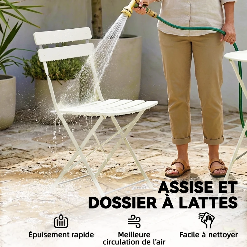 Outsunny Ensemble Bistrot de Jardin 3 Pièces Table et 2 Chaises Pliantes à Lattes Double Protection Antirouille Crème