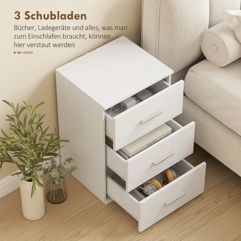 HOMCOM Nachttisch mit 3 Schubladen, Beistell-Kommode für Schlafzimmer, MDF, Weiß