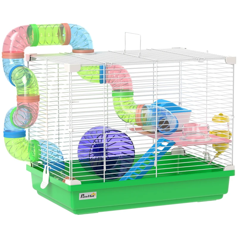 PawHut Cage à hamster rongeur 2 niveaux avec tunnel, biberon eau, roue, maisonnette, échelles 46 x 30 x 37 cm vert