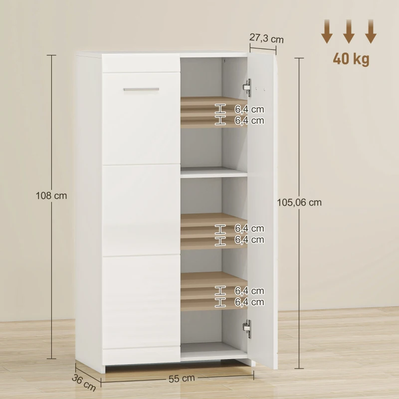 HOMCOM Schuhschrank in Hochglanz, Schuhaufbewahrung mit Verstellbaren Regalböden für Flur, Diele, Platz für 10 Paar, Weiß