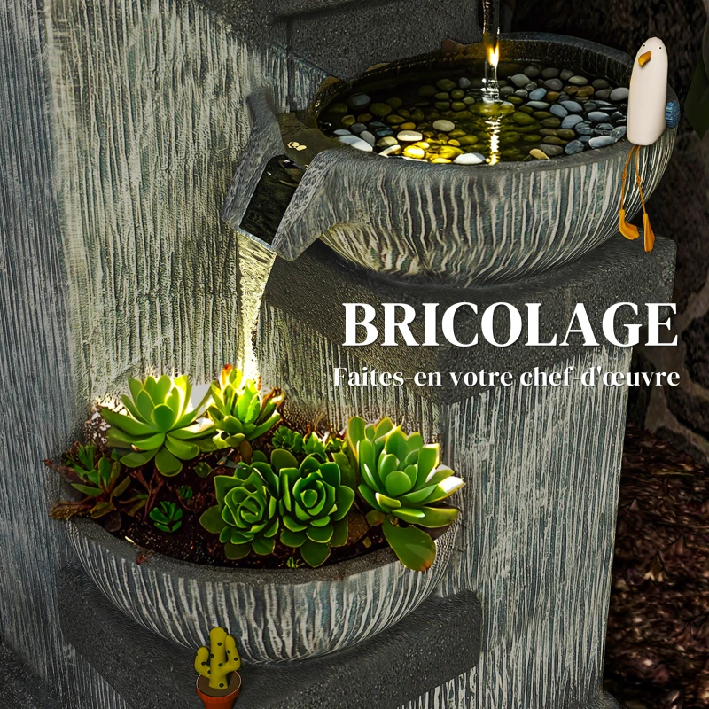 Outsunny Fontaine de Jardin Cascade Fontaine d'eau 4 niveaux avec lumières LED, résine, 38 x 36 x 85 cm, gris