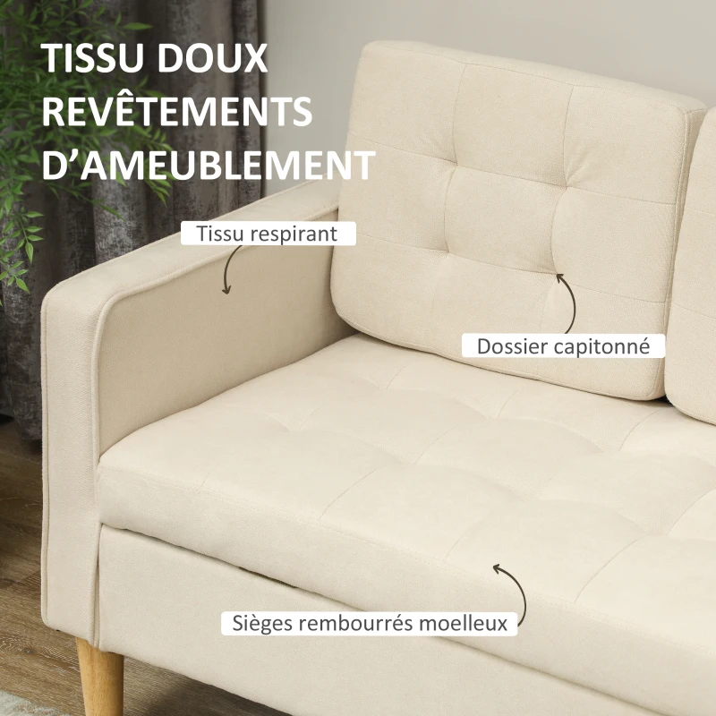 HOMCOM Canapé 3 places en flanelle de neige, canapé moderne avec rangement caché, dossier capitonné, 166,5 x 62 x 82 cm, crème