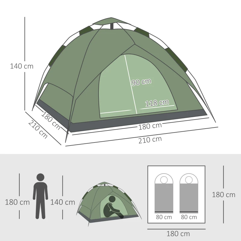 Outsunny Tente de camping tente pop up légère 2-3 pers. - 2 grandes portes - 210 x 210 x 140 cm fibre verre polyester