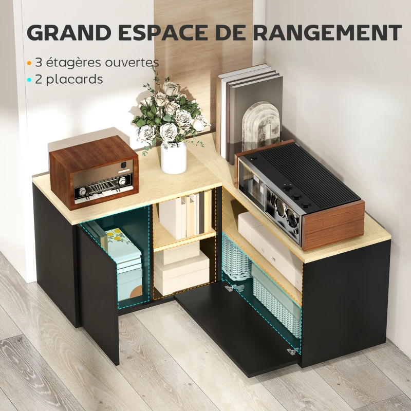 HOMCOM Meuble TV d'angle banc télévision jusqu'à 40 pouces avec 2 placards et 3 niches 90 x 90 x 45 cm chêne et noir