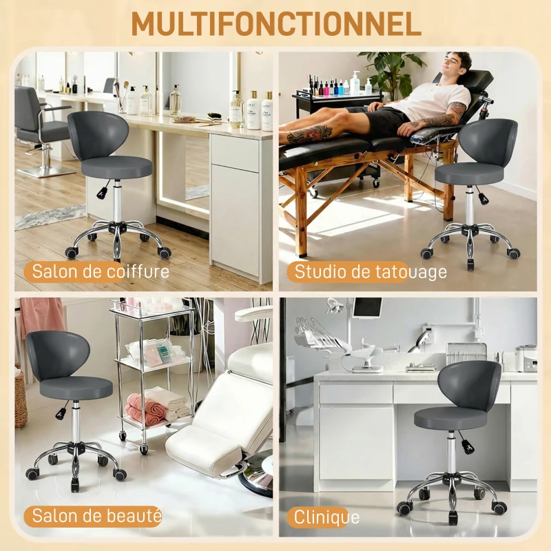 HOMCOM Tabouret à roulettes, tabouret de massage en PU avec hauteur réglable 73-88 cm et dossier, pivotant 360°, gris
