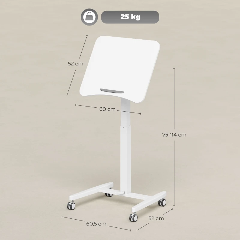 HOMCOM Bureau Debout Réglable en Hauteur, Plateau Inclinable, Roulettes et Cadre en Acier, 60,5 x 52 x 75-114 cm, Blanc