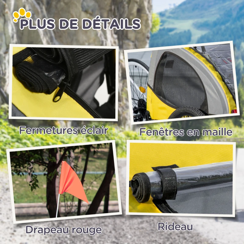 PawHut Remorque de vélo pour chien avec fenêtres en maille réflecteurs et drapeau de sécurité 140 x 71 x 83 cm jaune