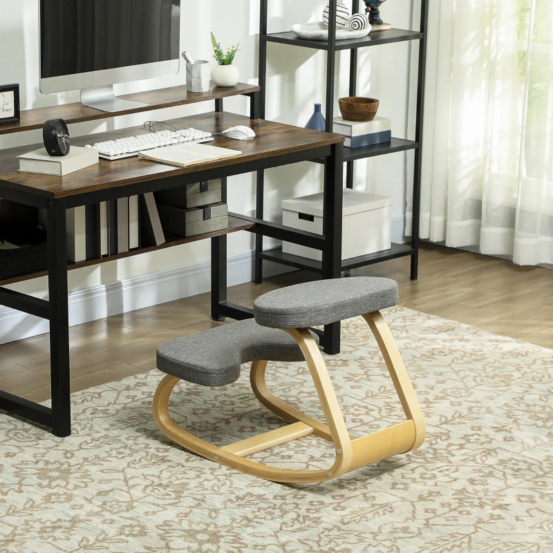 HOMCOM Siège assis genoux, siège ergonomique en bois à bascule, chaise à genoux pour bureau à domiciles, gris