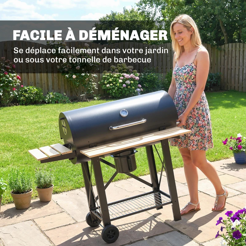 Outsunny Barbecue Charbon de Bois Chariot Grill de Jardin avec Couvercle Fumoir Tablette Pliable en Bois 109 x 71 x 98 cm Noir