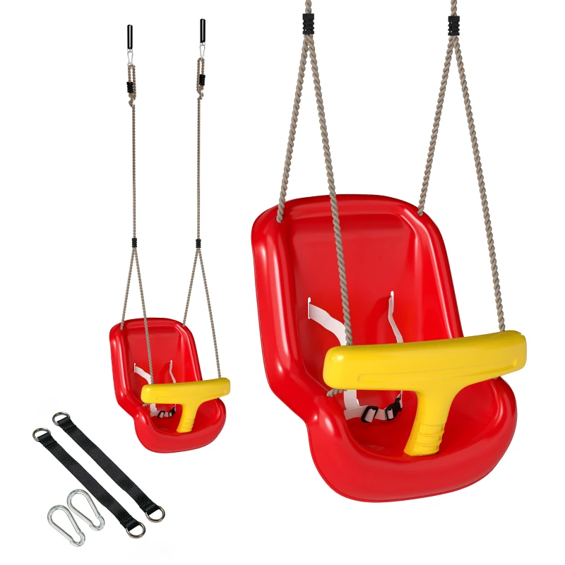 AIYAPLAY Balançoire pour enfants, balançoire bébé extérieure, dossier haut, barre de sécurité, hauteur ajustable, rouge et jaune
