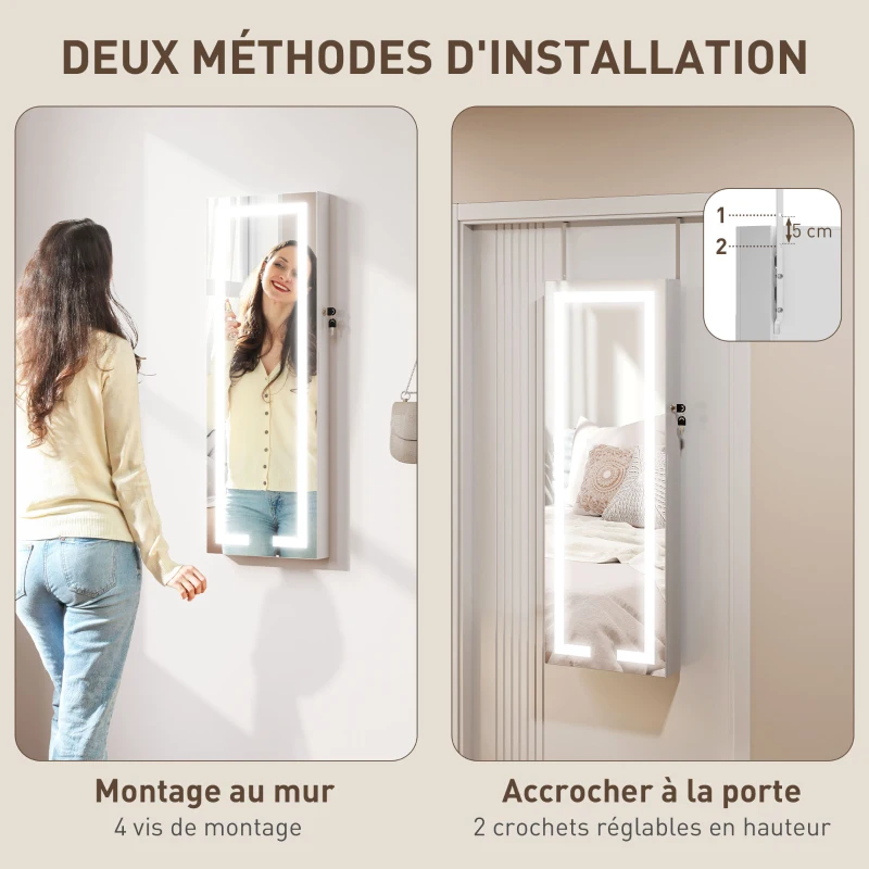 HOMCOM Armoire à bijoux avec LED, organisateur de bijoux mural/de porte verrouillable avec miroir, 37 x 10,5 x 108 cm, blanc