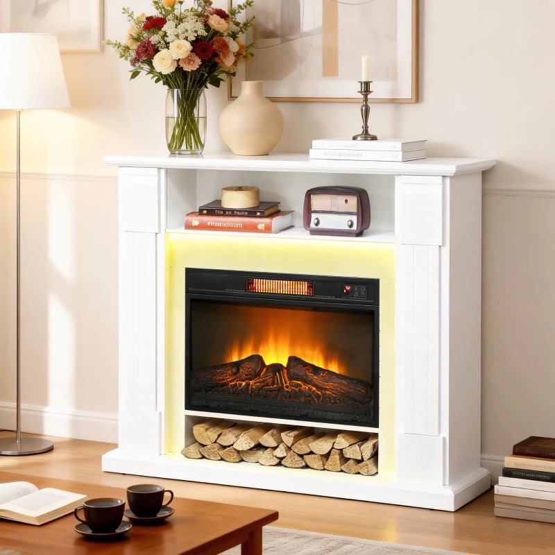 HOMCOM Camino Elettrico 1800W Regolabile con Fiamma 3D, Ripiano, Timer e Telecomando, 105x27x97 cm, Bianco