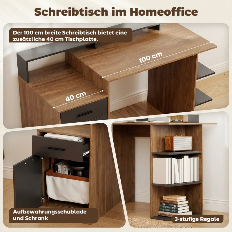 HOMCOM Computertisch mit Stauraum und Regalen, Moderner Schreibtisch für Büro und Arbeitszimmer, 140 cm, Eiche