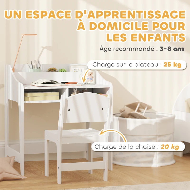 AIYAPLAY Ensemble bureau et chaise pour enfant 3 à 8 ans avec compartiments et étagères ouverts, blanc
