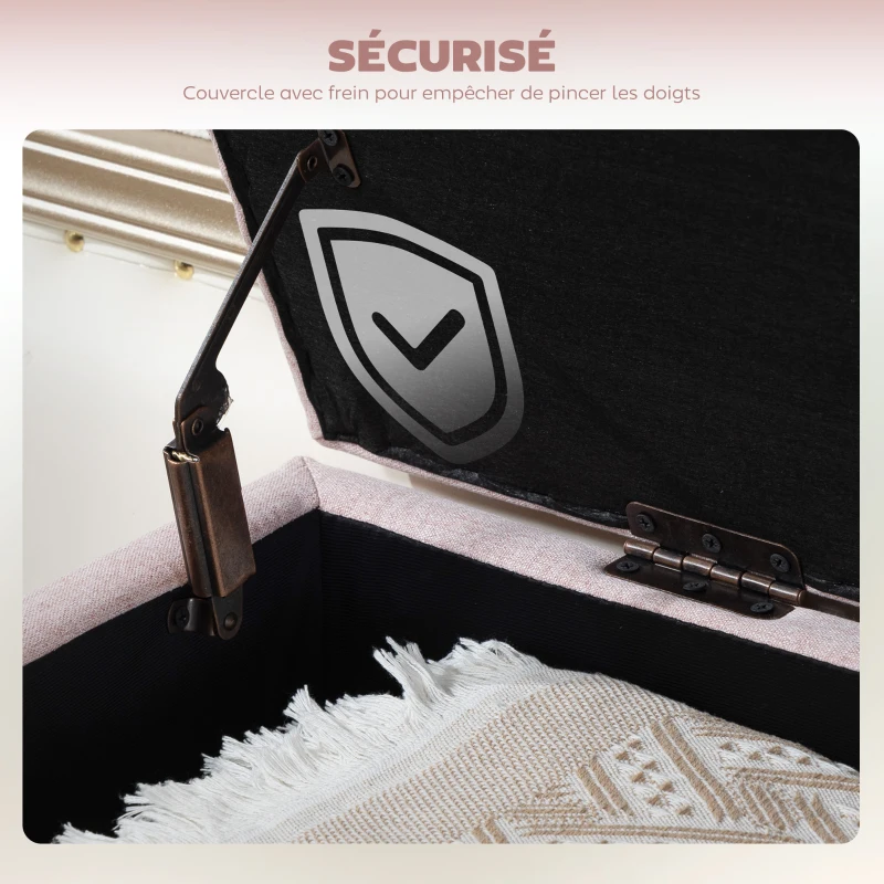 HOMCOM Banc de rangement, coffre de rangement avec couvercle amovible style scandinave, en tissu lin, 110 x 39 x 45 cm, rose