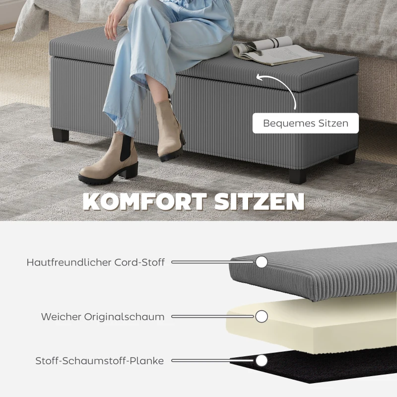 HOMCOM Sitzbank mit Stauraum, Polsterbank für Aufbewahrung, für Wohnzimmer, Schlafzimmer, Flur, Cordbezug, Grau