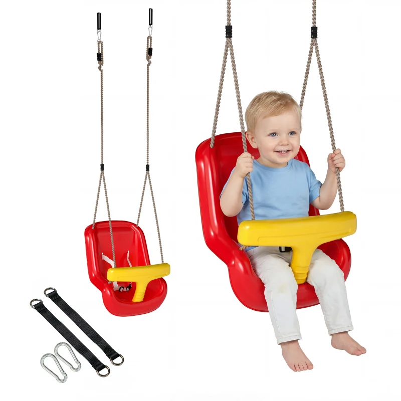 AIYAPLAY Balançoire pour enfants, balançoire bébé extérieure, dossier haut, barre de sécurité, hauteur ajustable, rouge et jaune