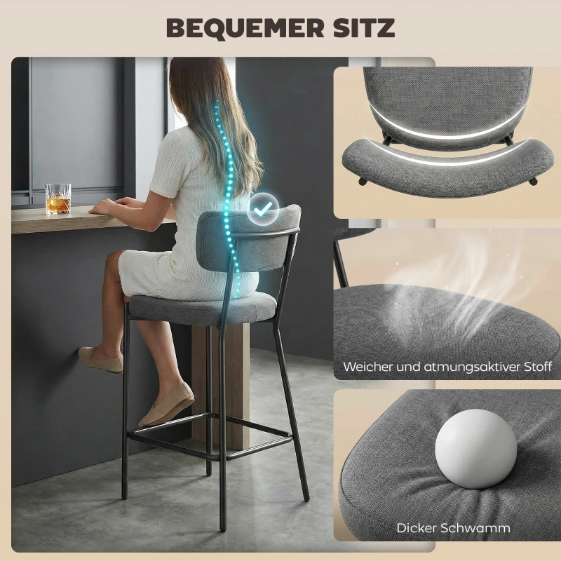 HOMCOM Barhocker im 2er-Set, Polster-Barstühle mit geschwungener Rückenlehne, für Kücheninsel, Frühstücksbereich, Grau