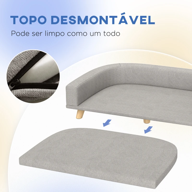 PawHut Sofá para Cães Cama Elevada para Cães Estofada com Almofada Lavável e Pés de Madeira de Pinho 98x67x25 cm Cinza