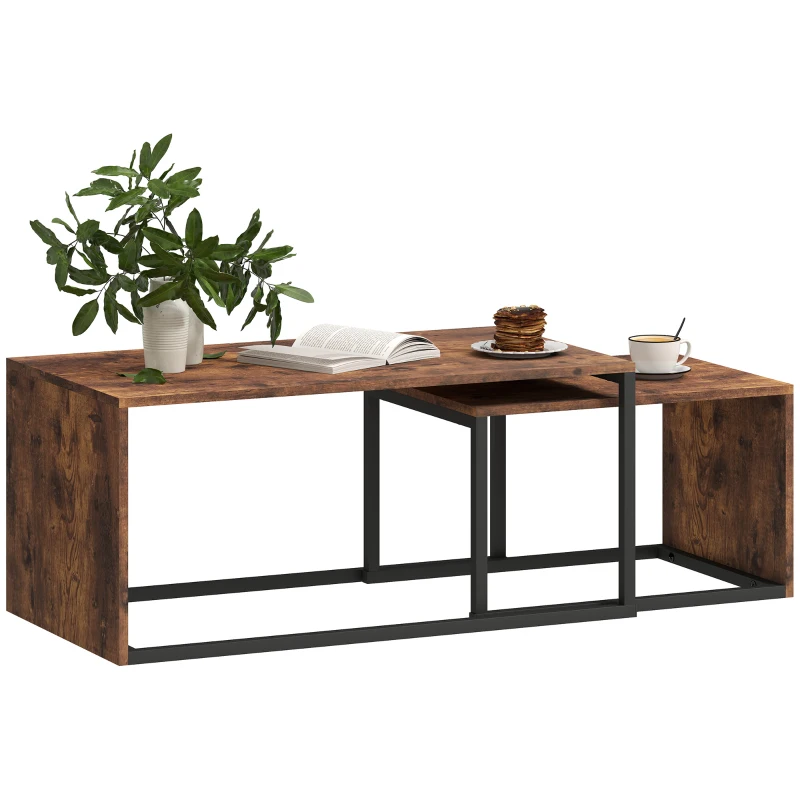 HOMCOM 2er-Set Couchtisch, Sofatisch, Beistelltisch, Spanplatte, Metall, 90 x 48 x 42 cm/59 x 42 x 36 cm, Schwarz+Braun(m-11)