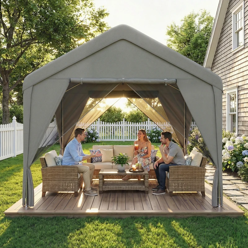 Outsunny Tonnelle de jardin pavillon de jardin hydrofuge structure robuste en acier galvanisé avec toit double pente 3x3m gris