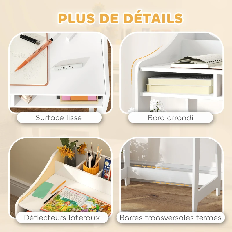 AIYAPLAY Ensemble bureau et chaise pour enfant 3 à 8 ans avec compartiments et étagères ouverts, blanc