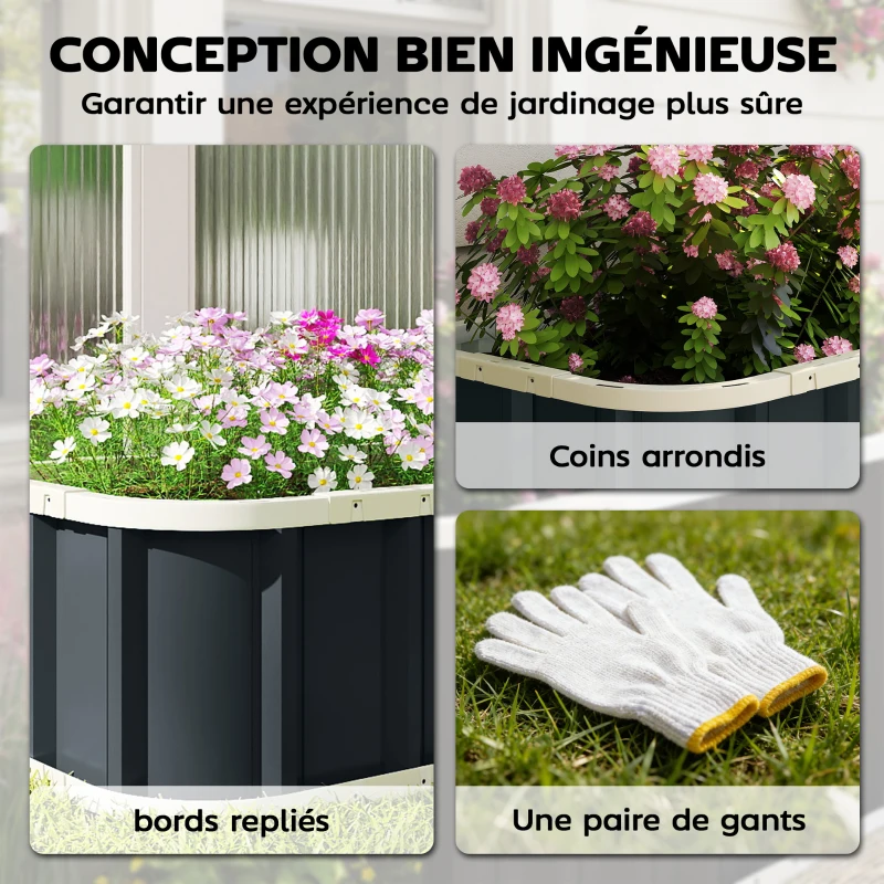 Outsunny Jardinière surélevée en acier galvanisé, lit de jardin avec gants et bords pliés, 165 x 52 x 31 cm, gris foncé