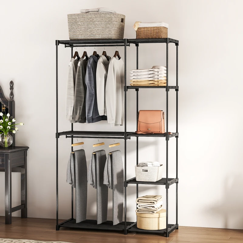 HOMCOM Armoire de rangement, penderie portable avec 2 barres de suspension et 6 étagères, 111 x 43 x 185 cm, noir