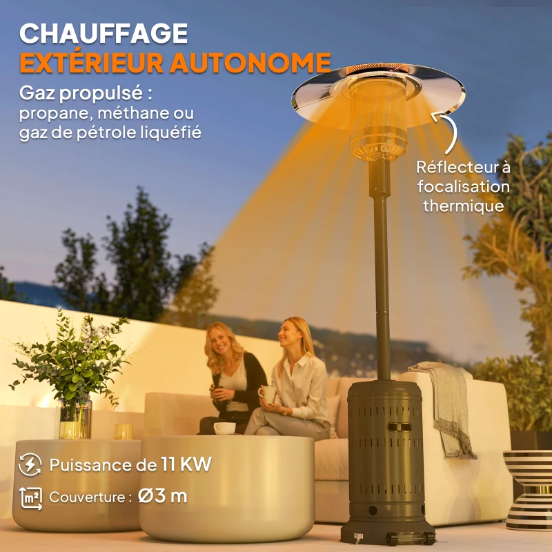 Outsunny chauffage exterieur terrasse, parasol chauffant gaz portable 11 KW niveaux de chauffe réglable 82x82x223cm noir