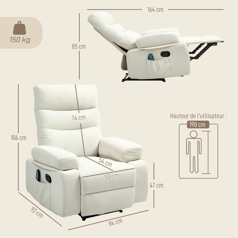 HOMCOM Fauteuil de massage fauteuil relax électrique avec fonction inclinable vibration chauffage, télécommande inclus, crème
