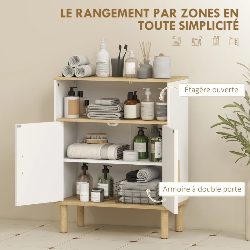 HOMCOM Meuble de salle de bain, meuble de rangement avec 2 portes, compartiment ouvert, étagère réglable, 60x29,5x76,5cm, blanc