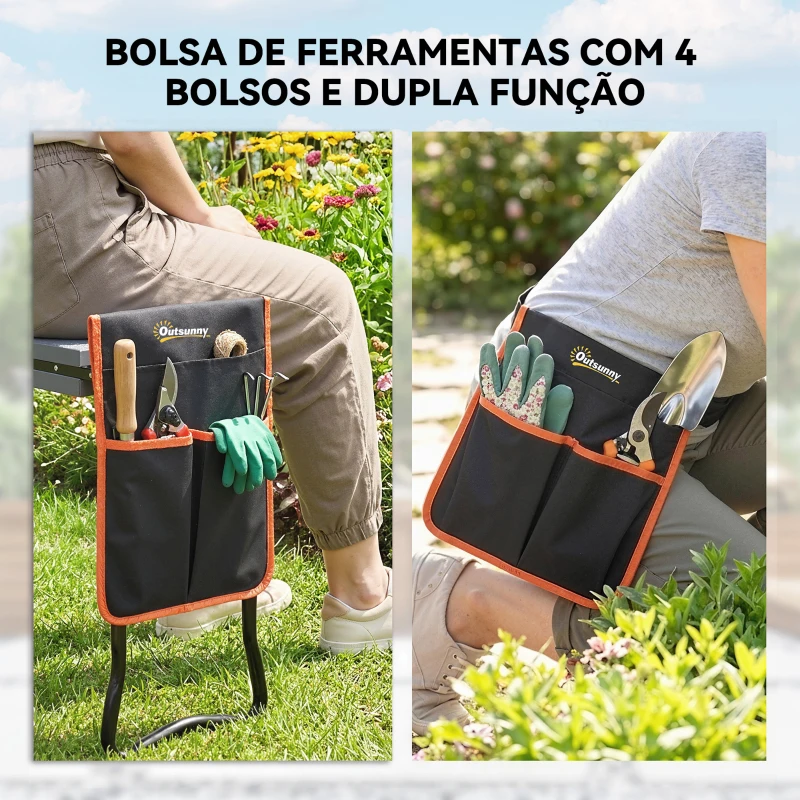 Outsunny Banco de Jardim Dobrável com Almofada de EVA e Bolsa para Ferramentas na Cintura, Carga 150 kg