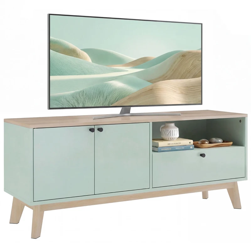 HOMCOM Mobile TV 120 cm con 2 ante, cassetto e vano aperto, Verde chiaro