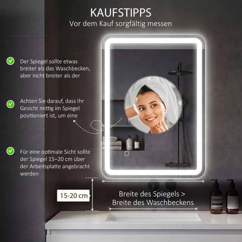 HOMCOM Badezimmerspiegel, beleuchtet, Touch-Steuerung, beschlagfrei, dimmbar, 3 Lichtfarben, 70x90, Silber