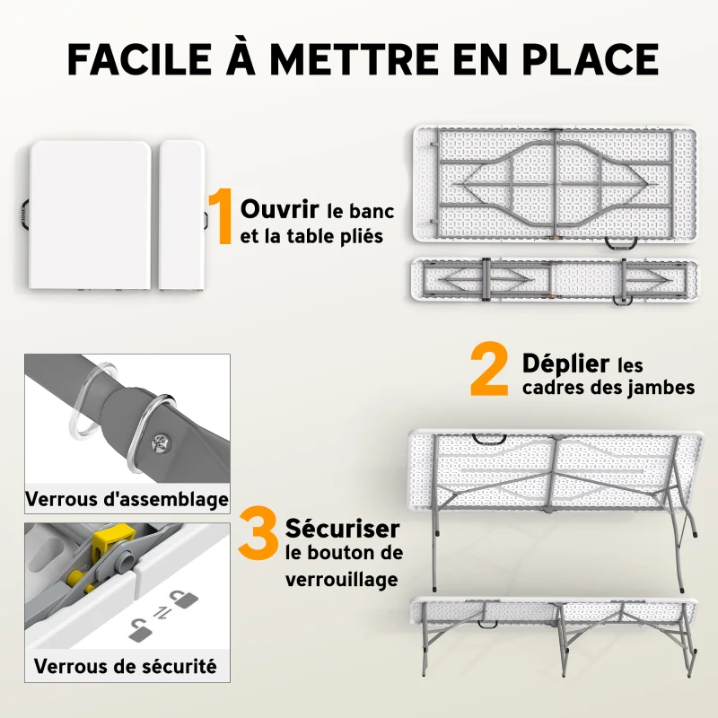Outsunny Ensemble table pliante et bancs de pique-nique 180 cm avec poignées de transport, blanc